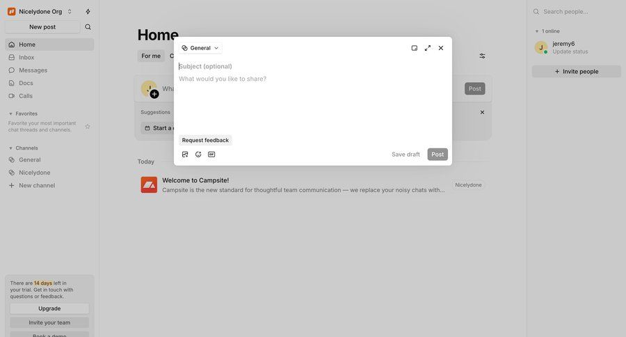 Campsite
			 collaboration dashboard sidebar navigation form content sharing sidebar personal space communication messages chat interface search suggestions suggestion ui page example