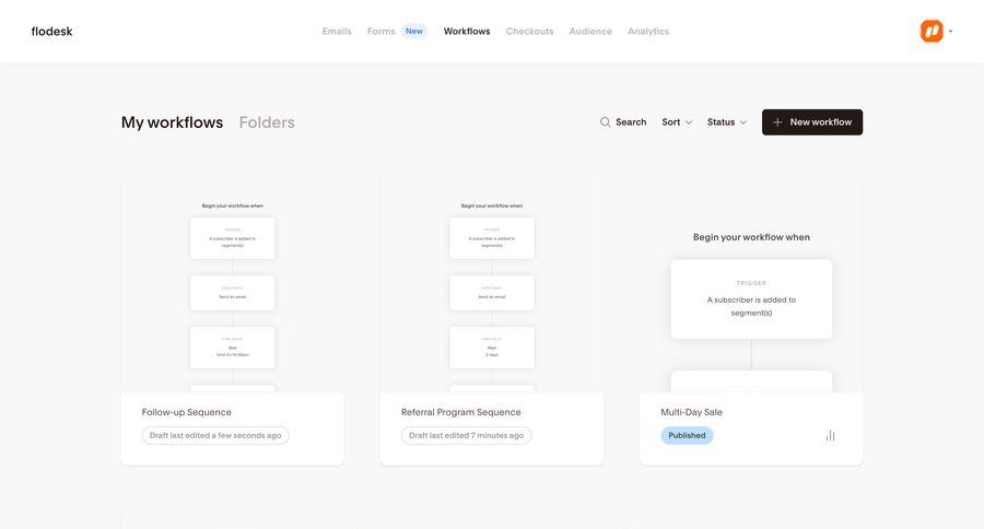 Flodesk
			 e-commerce dashboard workflow automation workflow management workflow creation marketing automation workflow screen folder cards ui dashboard layouts card layout ui page example