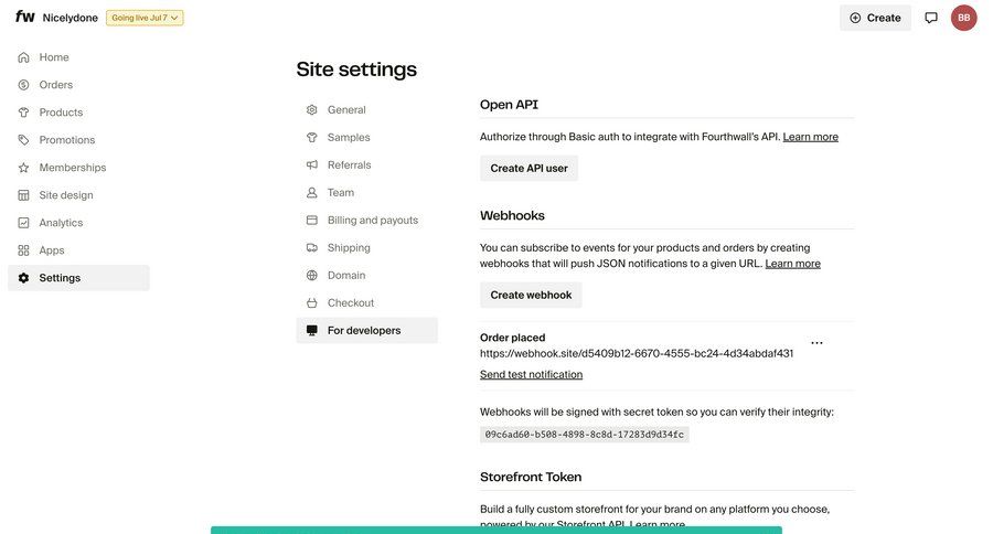 Fourthwall
			settings integrations use cases developers section configuration settings e-commerce sidebar navigation progress indicator sidebar documentation ui page example