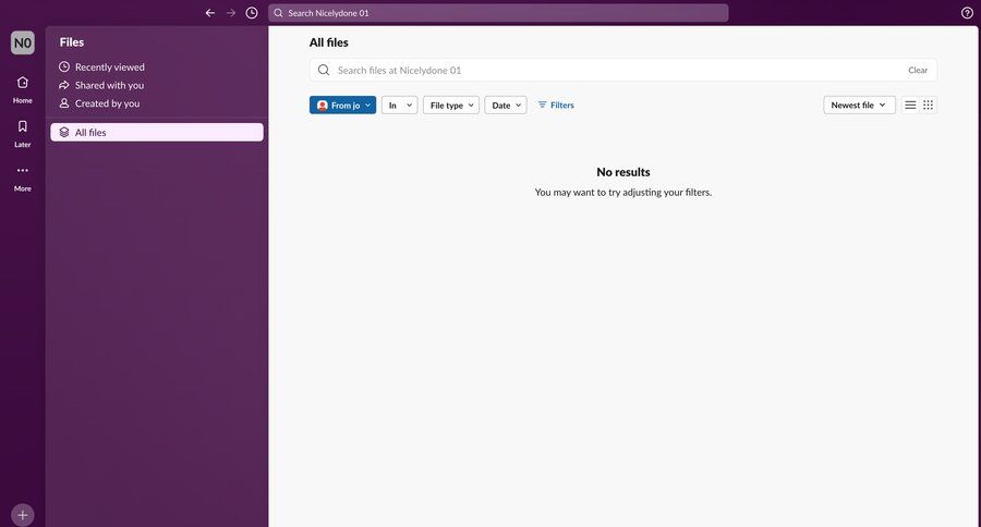 Slack
			 collaboration team collaboration sidebar navigation file management file organization file list screen filter controls navigation sidebar dropdown filters sidebar blank state void blank non-ideal state empty page prompt menu date filter search results ui page example