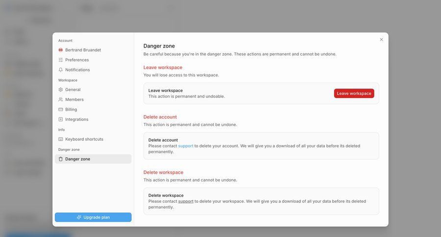 Cushion
			 account management workspace settings settings modal account deletion ui page example