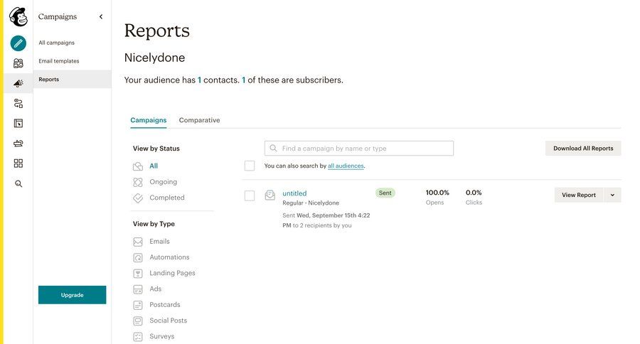 Mailchimp
			 e-commerce sidebar navigation campaign management dropdown filters sidebar data visualization performance metrics download download report marketing analytics ui page example