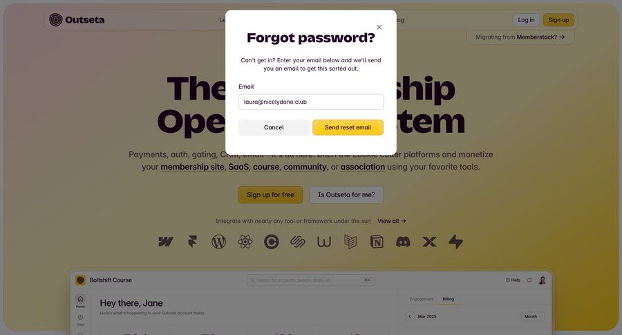 Outseta
			 modal screen dashboard account management form modal dialog ui page example