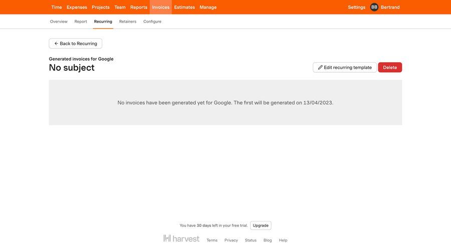 Harvest
			 finance delete recurring billing ui page example