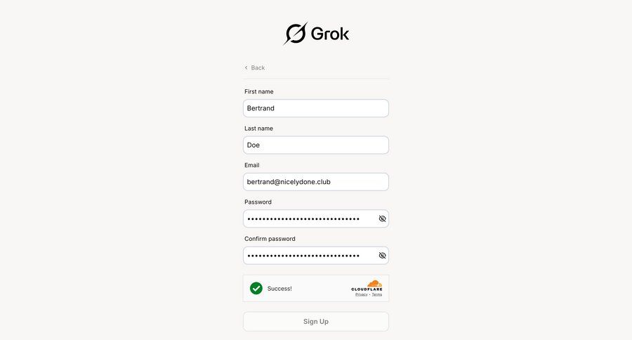Grok
			 onboarding form user authentication account creation call intelligence auth signup create new account register toast notification ui page example
