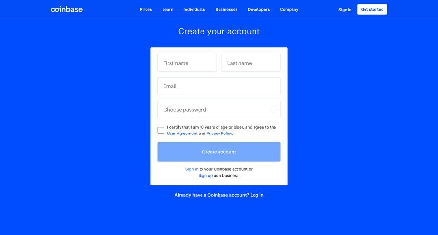 Coinbase
				signup page example