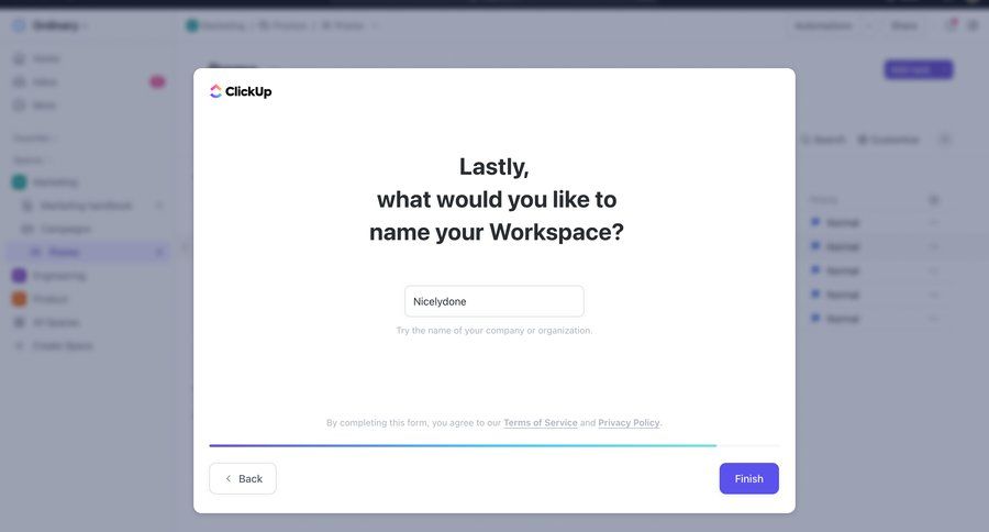 ClickUp
			 project management onboarding form modal dialog workspace creation progress bar ui page example