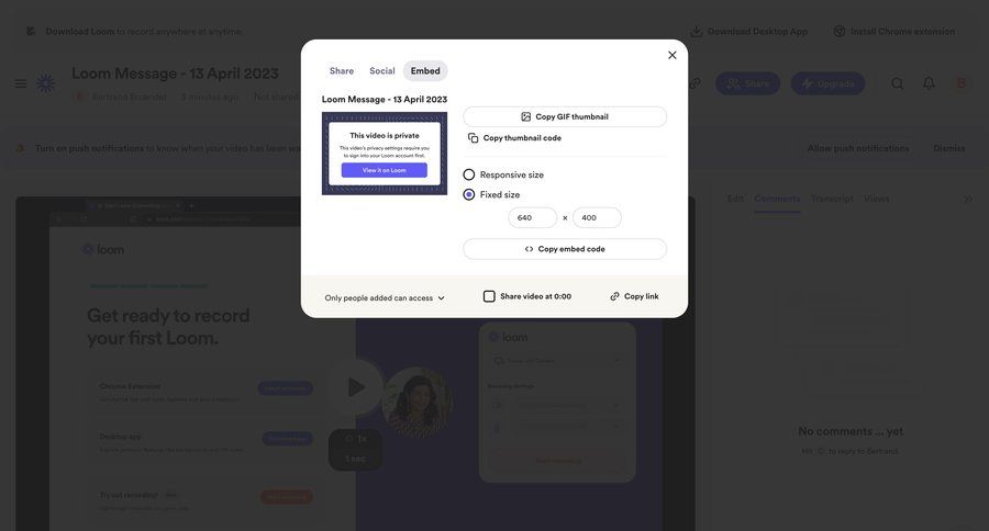 Loom
			 sharing grid content management modal screen share modal access controls chrome extension ui page example