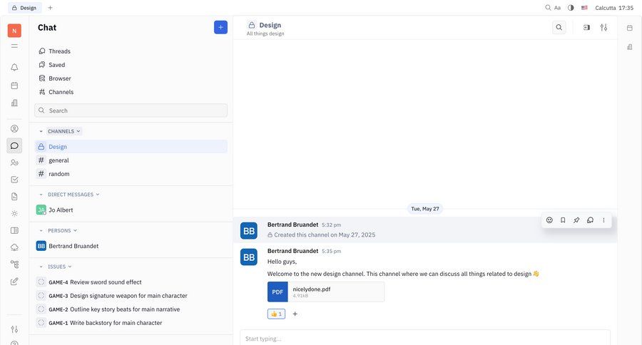Huly
			 collaboration sidebar navigation onboarding file upload team workspace content hierarchy sidebar communication chat menu upload file chat interface ui page example