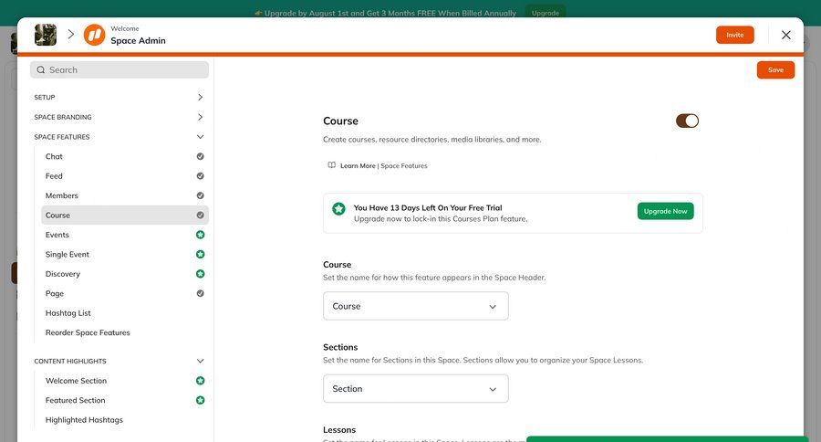Mighty
			 configuration settings sidebar navigation trial banner course creation free trial ui page example