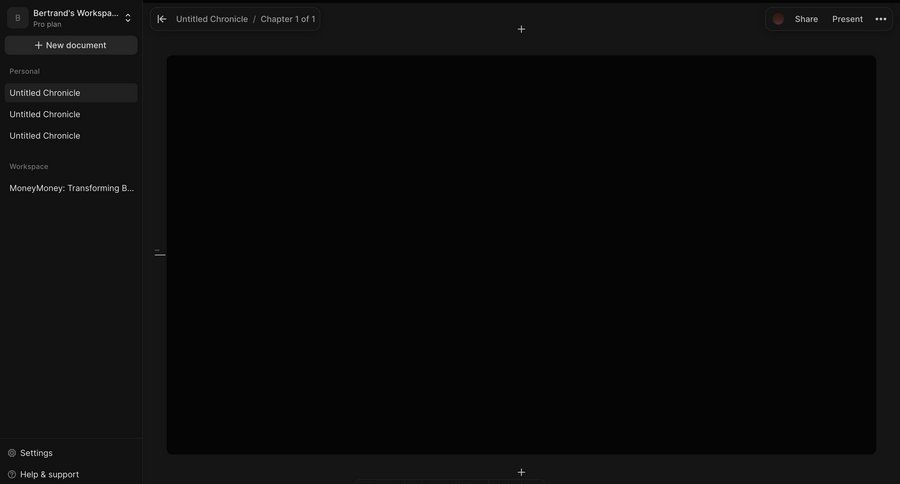 Chronicle
			 content management sidebar navigation editor document editing document management document sharing real-time collaboration full-screen layout document creation content hierarchy sidebar menu version history sharing ui page example