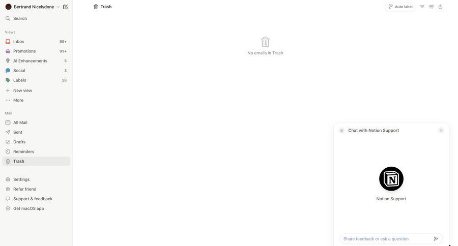 Notion Mail
			support / help center trash & archive sidebar navigation automation modal dialog full-screen layout email management email inbox sidebar communication chat menu junk customer support chat ui page example