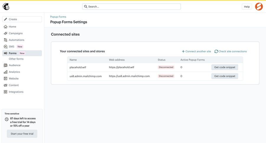 Mailchimp
			 configuration settings dashboard sidebar navigation onboarding marketing automation integration management call to action sidebar create table email marketing ui page example