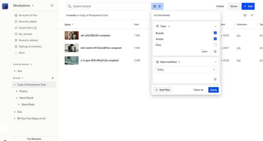 Air
			 grid sidebar file management sidebar navigation team workspace advanced search file list screen ui page example