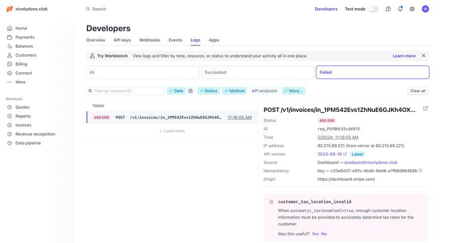 Stripe
			developers section error state sidebar navigation fintech sidebar alert detail view monitoring doc shortcuts table connect service code snippet ui page example