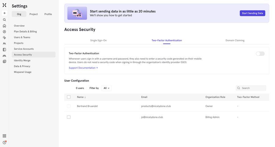 Mixpanel
			 access control user management organization settings security configuration ui page example