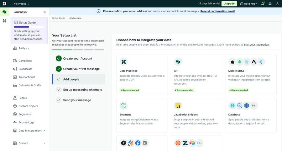 Customer.io
			 sidebar navigation onboarding account setup import data marketing automation guide sidebar setup alternatives progress bar modern email confirmation team management data integration ui page example