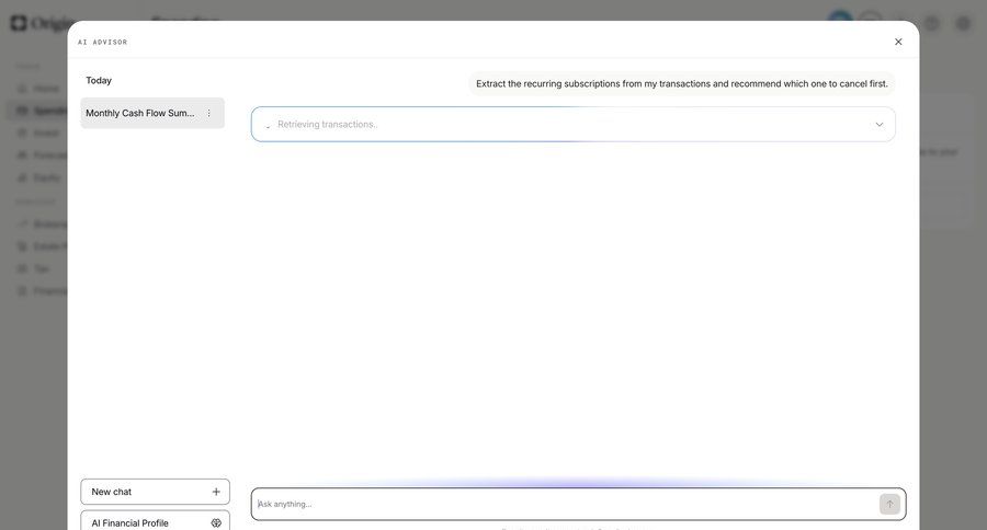 Origin Financial
			 subscription management conversational ui ui page example