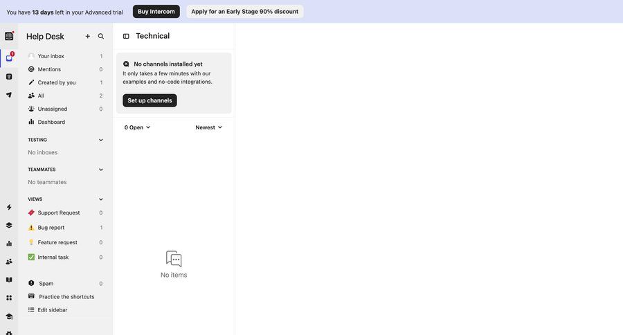 Intercom
			 configuration dashboard sidebar navigation trial banner inbox management dropdown filters sidebar blank state void blank non-ideal state empty page prompt lists setup crm dashboard contextual help ui page example