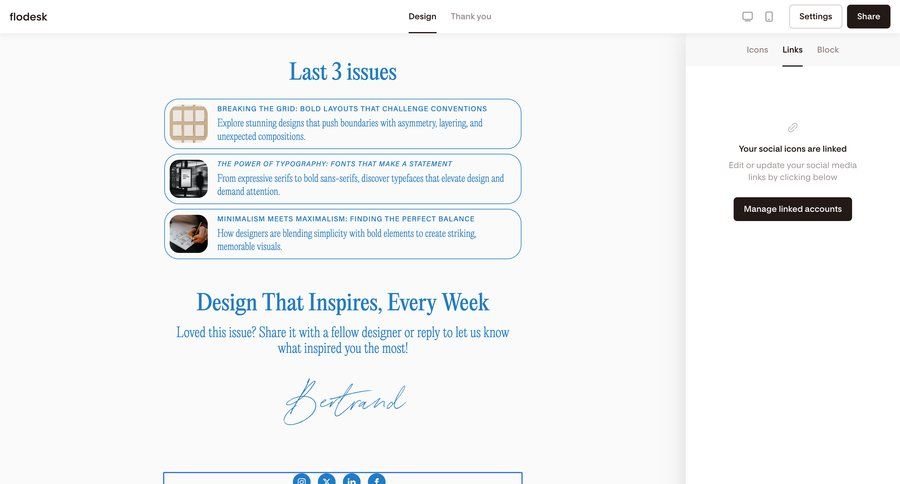 Flodesk
			 settings account management account setup design content sharing manage links typography sidebar new ui page example
