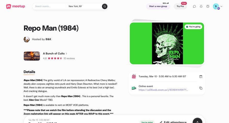 Meetup
			 call to action detail view modern search bar review event management ui page example
