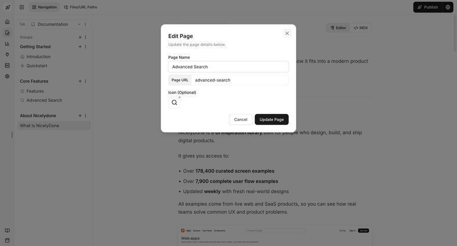 Documentation.AI
			 configuration modal dialog cancel action data entry update ui page example