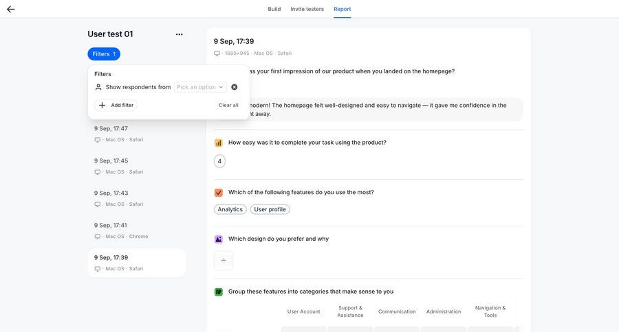 Wynde
			 user research user feedback dropdown filters analytics ui page example