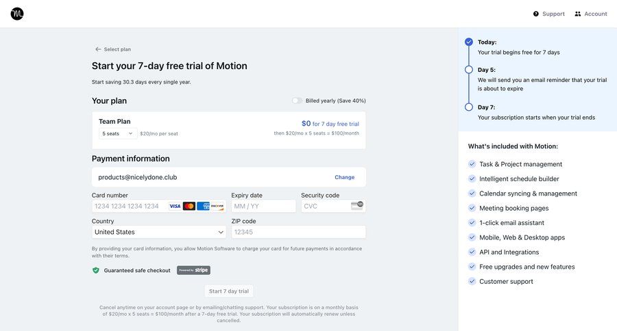 Motion
			checkout form plans & pricing form subscription management full-screen layout trial checkout free trial payment history cancel trial pay payment options product packages checkout screen payment page pay bill payment confirmation customer support chat payment processing ui page example