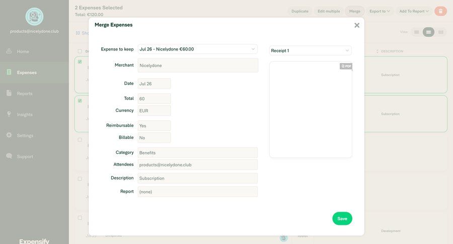 Expensify
			 modal screen data management form finance save changes expense management modal finance merge records ui page example