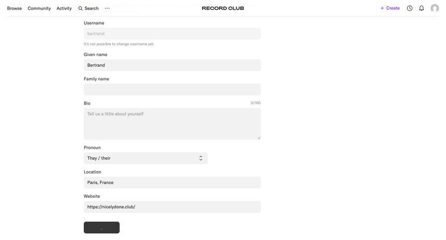 Record club
			 configuration settings onboarding form profile settings save changes data entry content hierarchy user profile preferences parameters profile page profile creation ui page example