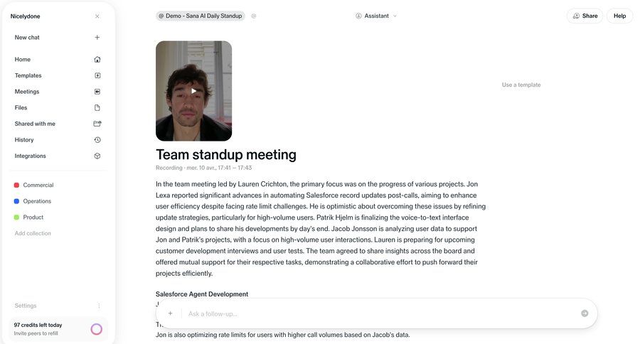 Sana
			 collaboration team collaboration sidebar navigation project management video player task communication call recording sidebar menu review meeting summary ui page example