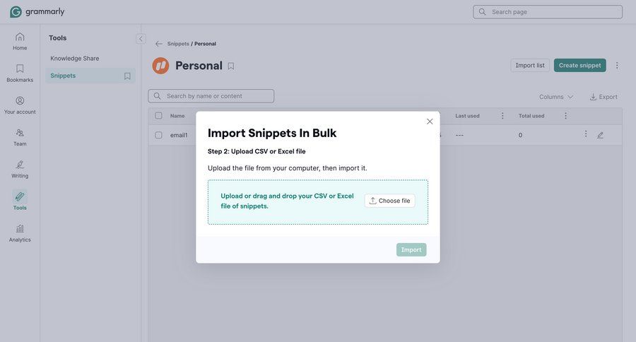 Grammarly
			 file upload drag and drop bulk import import wizard ui page example
