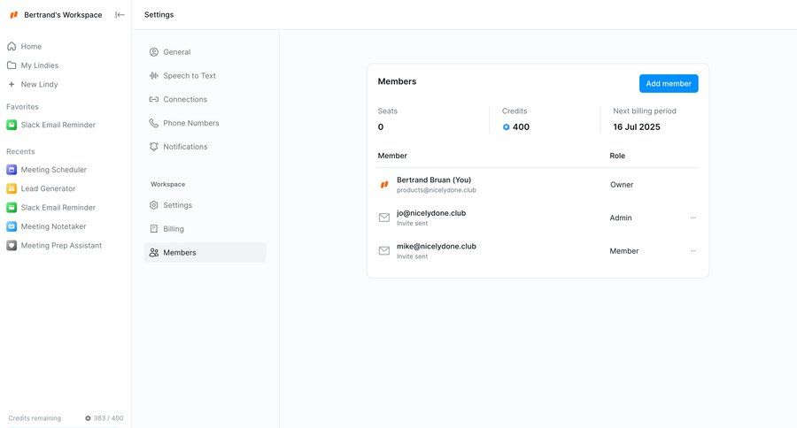 Lindy
			 configuration settings team collaboration sidebar navigation user management grid account setup workspace settings sidebar permissions ui page example