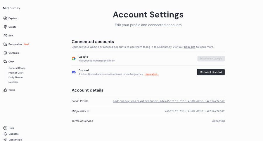 Midjourney
			 settings sidebar navigation artificial intelligence account management account setup account settings user account profile management user profile ui page example