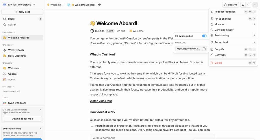 Cushion
			 team collaboration document sharing knowledge base trial banner ui page example