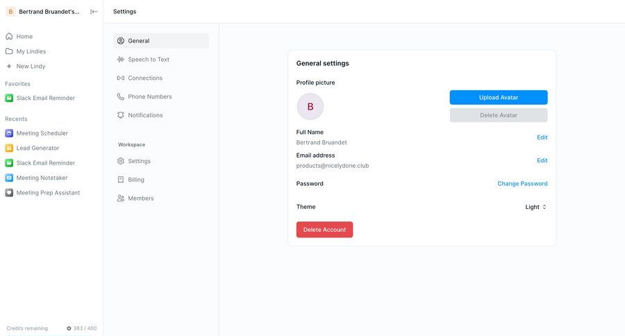 Lindy
			profile settings delete account account settings workspace settings settings sidebar navigation account management grid onboarding form account setup account deletion user account profile management sidebar ui page example