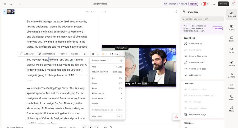 Descript
			 modern sidebar progress indicator menu review transcript video editor call transcript timeline ui music player ui ui page example