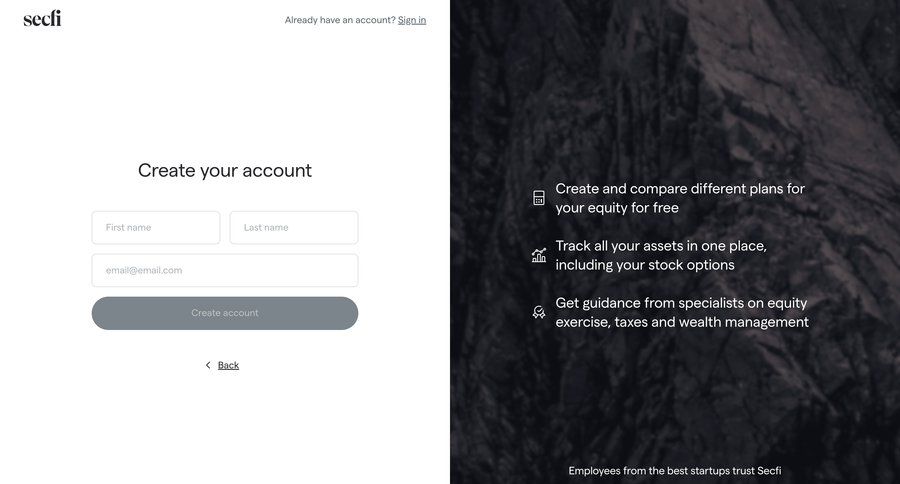 Secfi
			 form finance split screen account creation authentication auth create signup create new account register ui page example