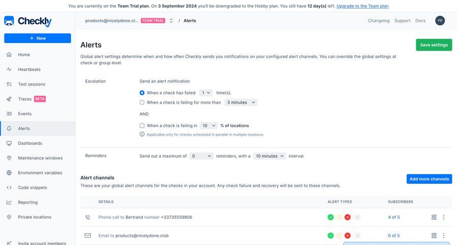 Checkly
			 configuration settings sidebar navigation form account settings channel management sidebar lists monitoring table ui page example