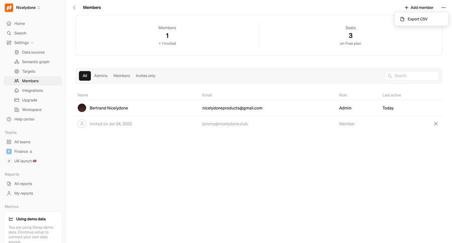 Steep
			 settings team collaboration sidebar navigation user management account setup data export access control list management full-screen layout sidebar table ui page example