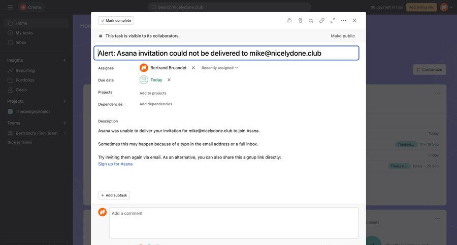 Asana
			 task management collaboration team collaboration project management form issue tracking user invitation alert message system notification push notification notification center collaborators alternatives ui page example