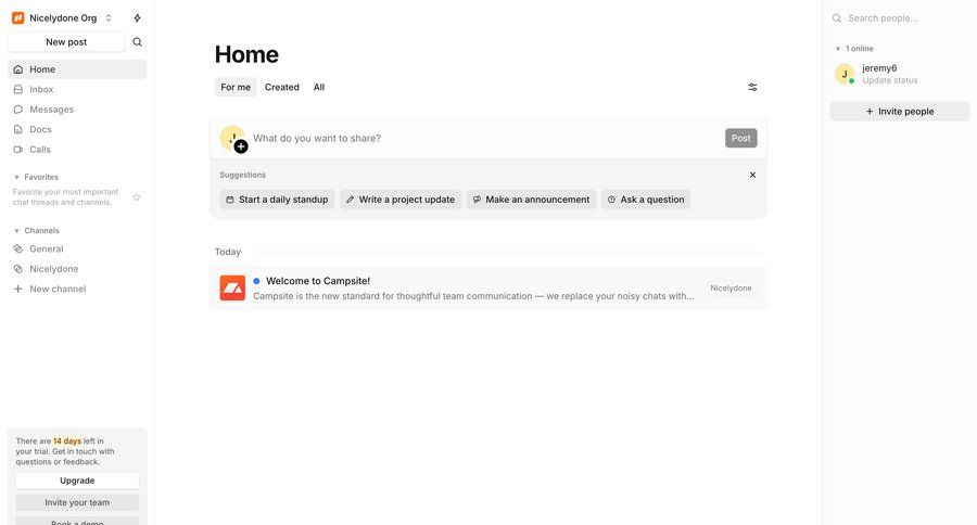 Campsite
			 collaboration team collaboration dashboard sidebar navigation project management onboarding right sidebar content blocks user profile personal space communication menu chat interface modern search suggestions suggestion ui page example