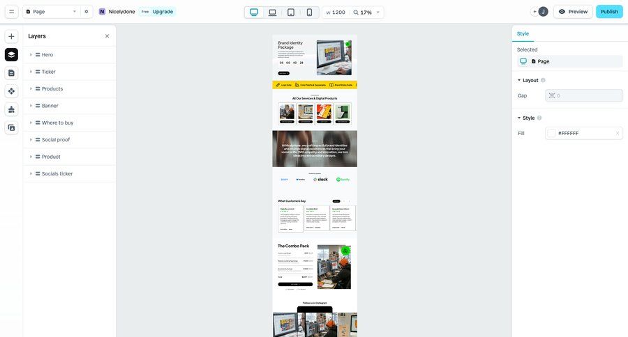 Instant
			 editor design style customization drag and drop typography color palette desktop mobile testimonials case studies customer stories marketing website design modern ui page example
