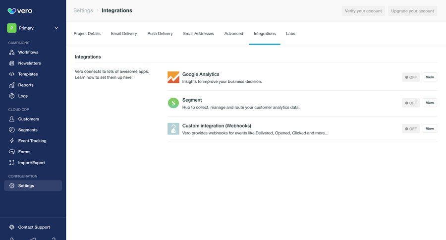 Vero
			 sidebar settings integration sidebar navigation configuration integration setup integration management analytics integration ui page example