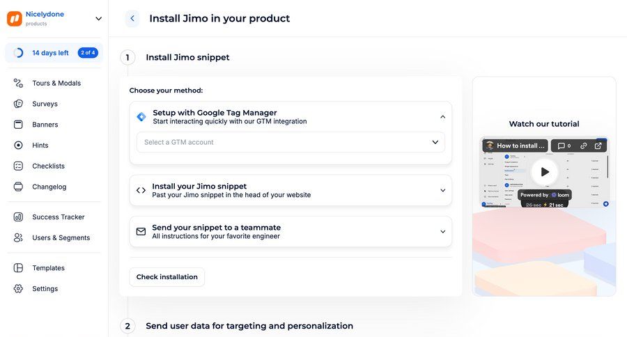 Jimo
			 configuration onboarding integration setup user data tutorial guide sidebar setup on boarding integration guided tour modern accordion analytics ui page example
