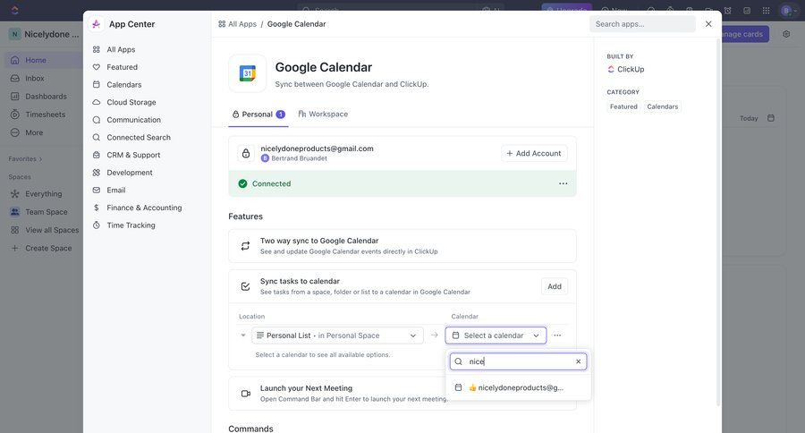 ClickUp
			 task management modal screen project management account management hierarchical content integration setup integration features autocomplete ui page example