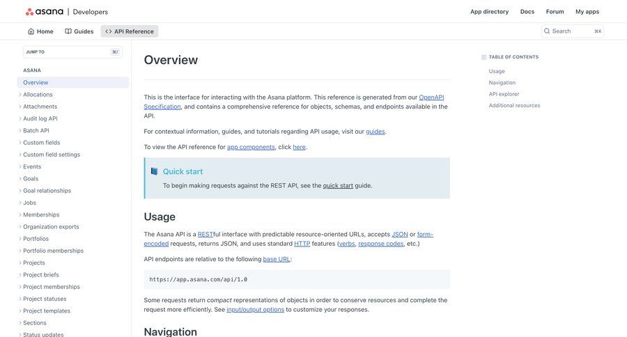 Asana
			api developers section documentation audit log doc order tracking ui page example