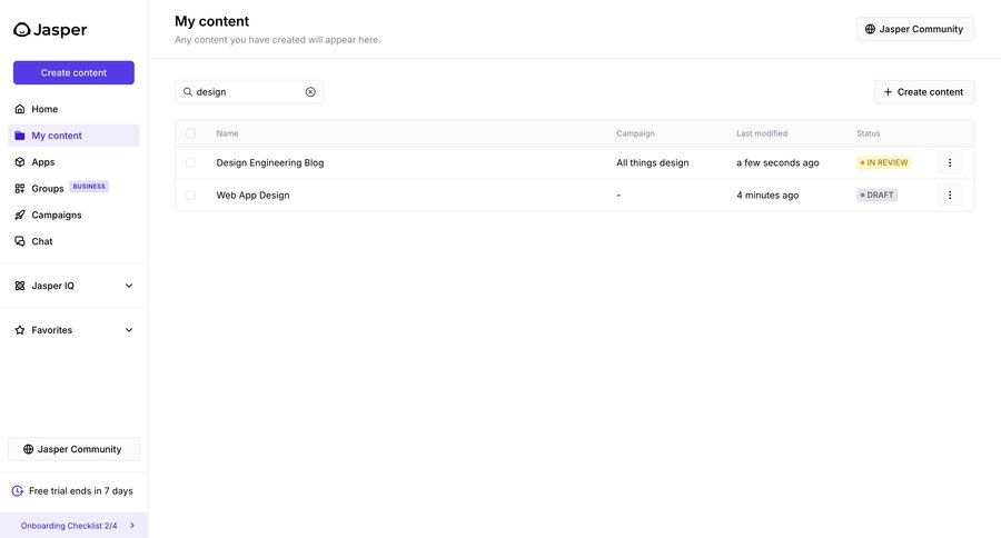 Jasper
			 content management sidebar navigation project management artificial intelligence grid sidebar create table ui page example