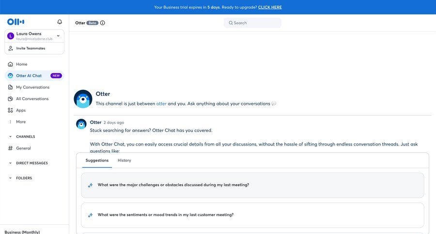 Otter
			 sidebar navigation artificial intelligence onboarding sidebar insight user profile new communication chat menu tips chat interface modern conversational voice search suggestions suggestion meeting ui page example