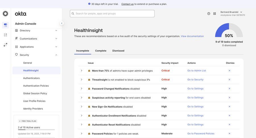Okta
			 security audit trial banner issue tracking ui page example